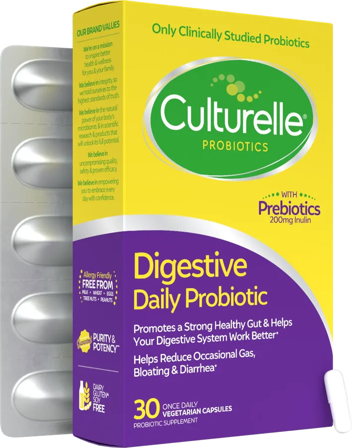 The Culturelle Digestive Daily Probiotic carton, marked 30 once daily capsules.