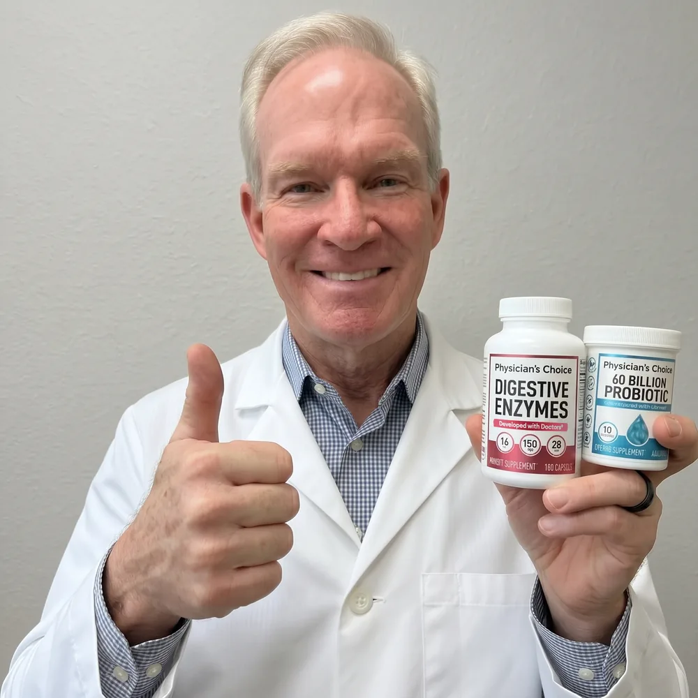 A physician in a white coat giving a thumbs up and holding the Physician's Choice Digestive Enzymes and 60 Billion Probiotic bottles.