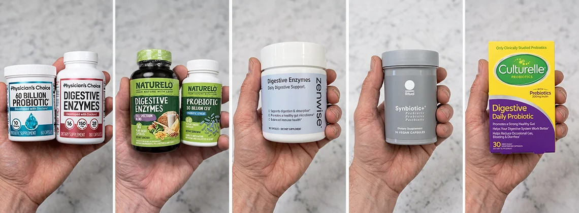 Five hands, each holding one of the tested products: the Physician's Choice bottles, the NATURELO bottles, the Zenwise jar, the Ritual bottle and the Culturelle carton.