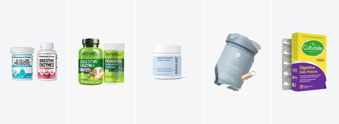 The five compared products side by side: the Physician's Choice bundle, the NATURELO bundle, the Zenwise jar, the Ritual jar and the Culturelle carton.