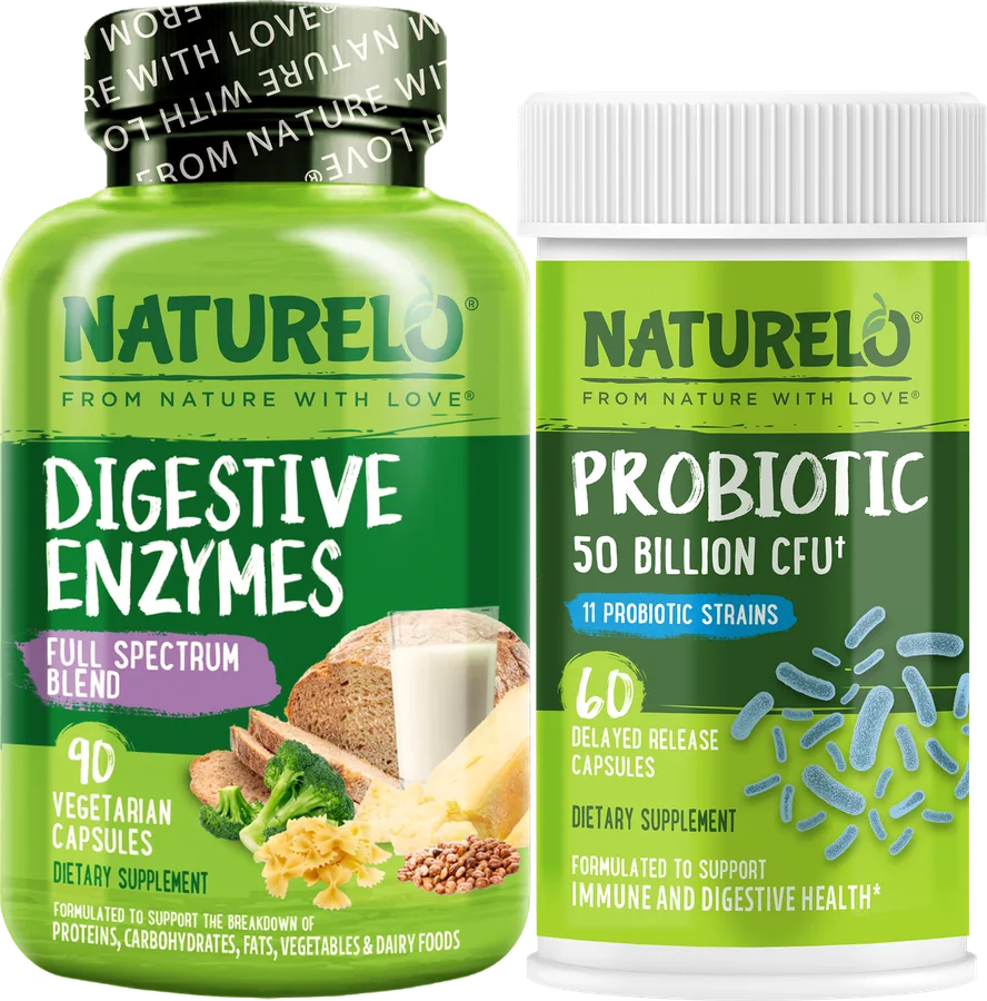 The NATURELO bundle: a Digestive Enzymes bottle beside a Probiotic bottle marked 50 Billion CFU.