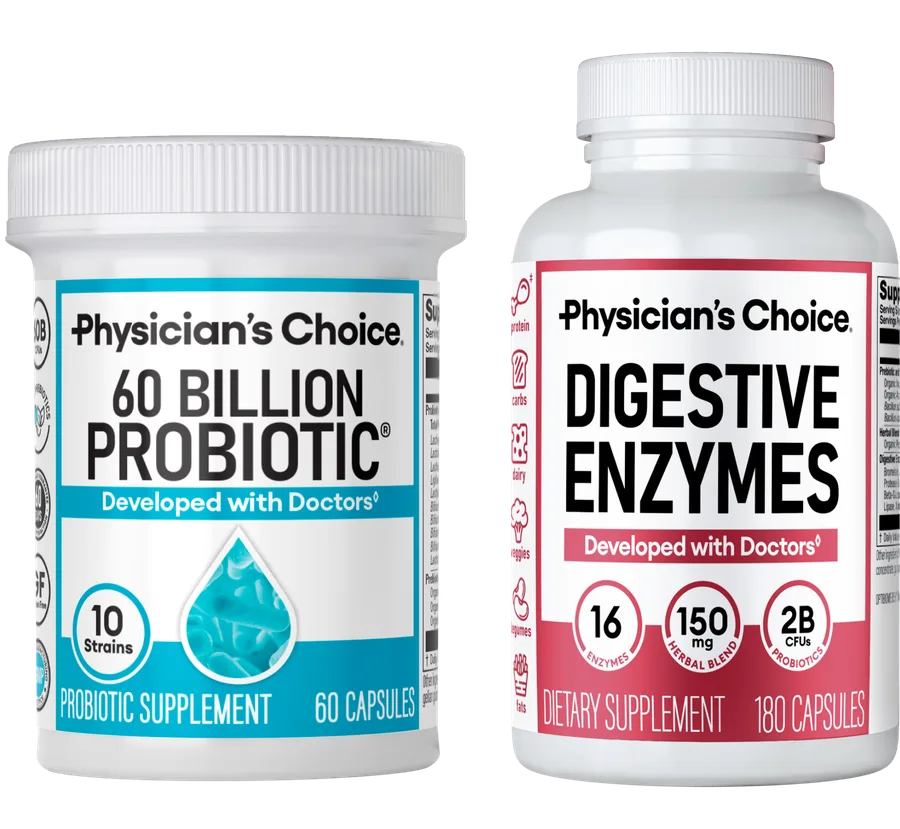 The Physician's Choice bundle: a 60 Billion Probiotic bottle beside a Digestive Enzymes bottle marked 180 capsules.